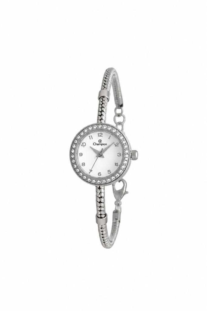 Relógio Champion Analógico Meio Bracelete prata com pedras feminino- CF2541Q