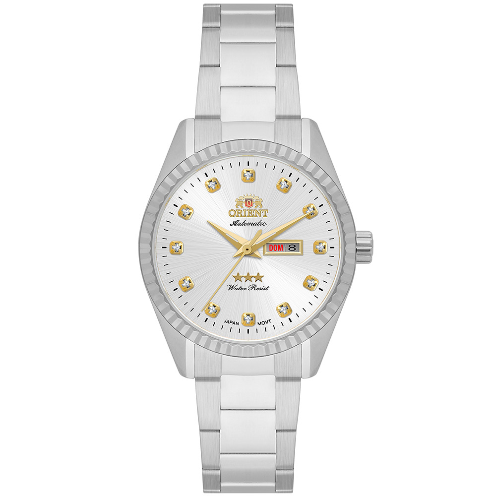 Relógio Orient Automático prata com pedras femininos- NH6SS007