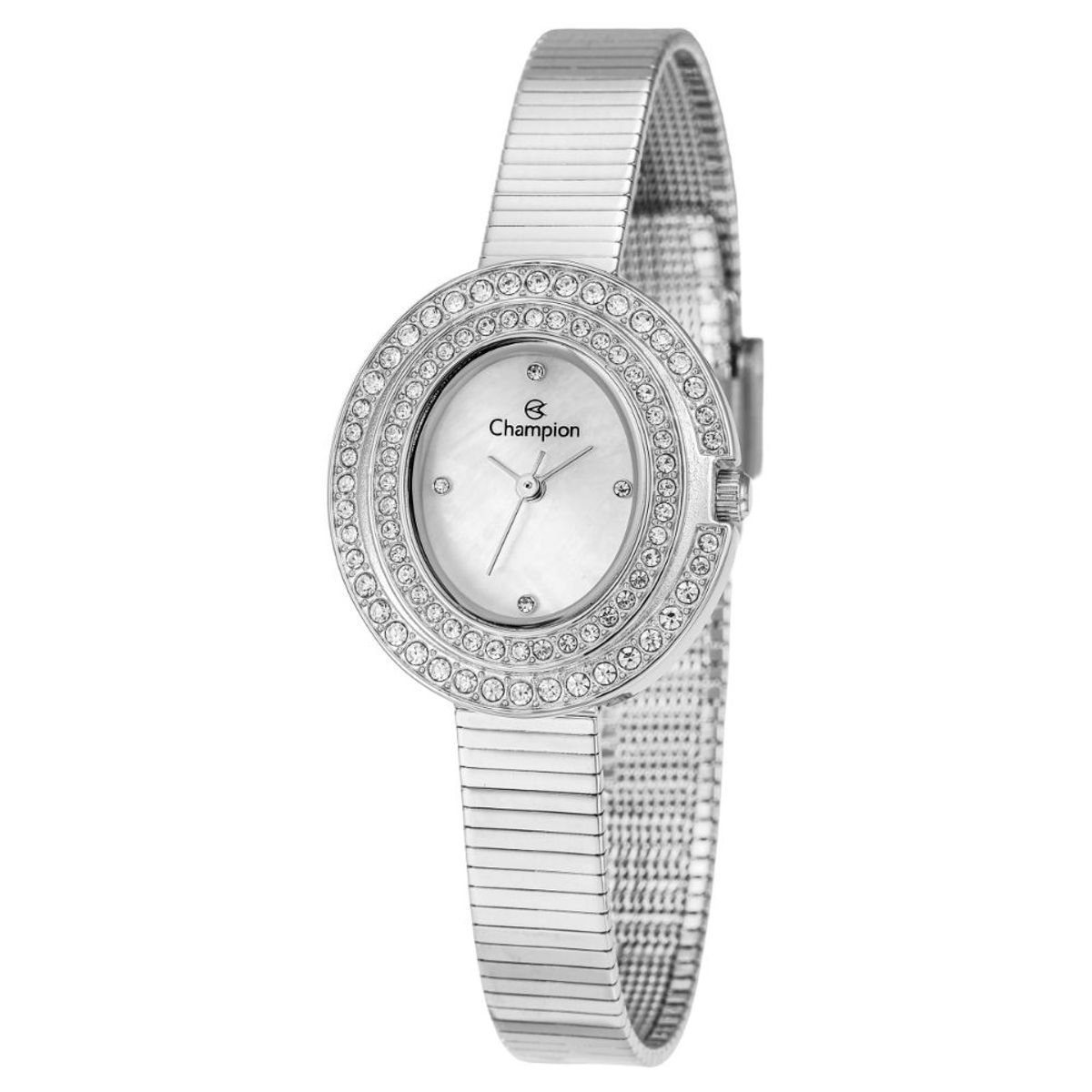 Relógio Champion Oval Analógico com pedras e pulseira esteirinha prata feminino-CF25910Q