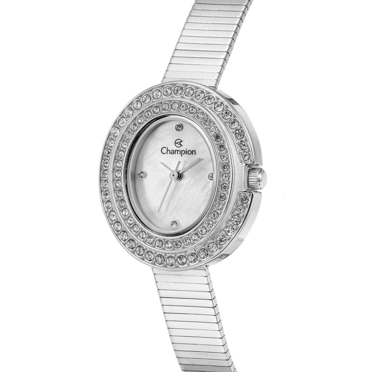Relógio Champion Oval Analógico com pedras e pulseira esteirinha prata feminino-CF25910Q - Imagem 2
