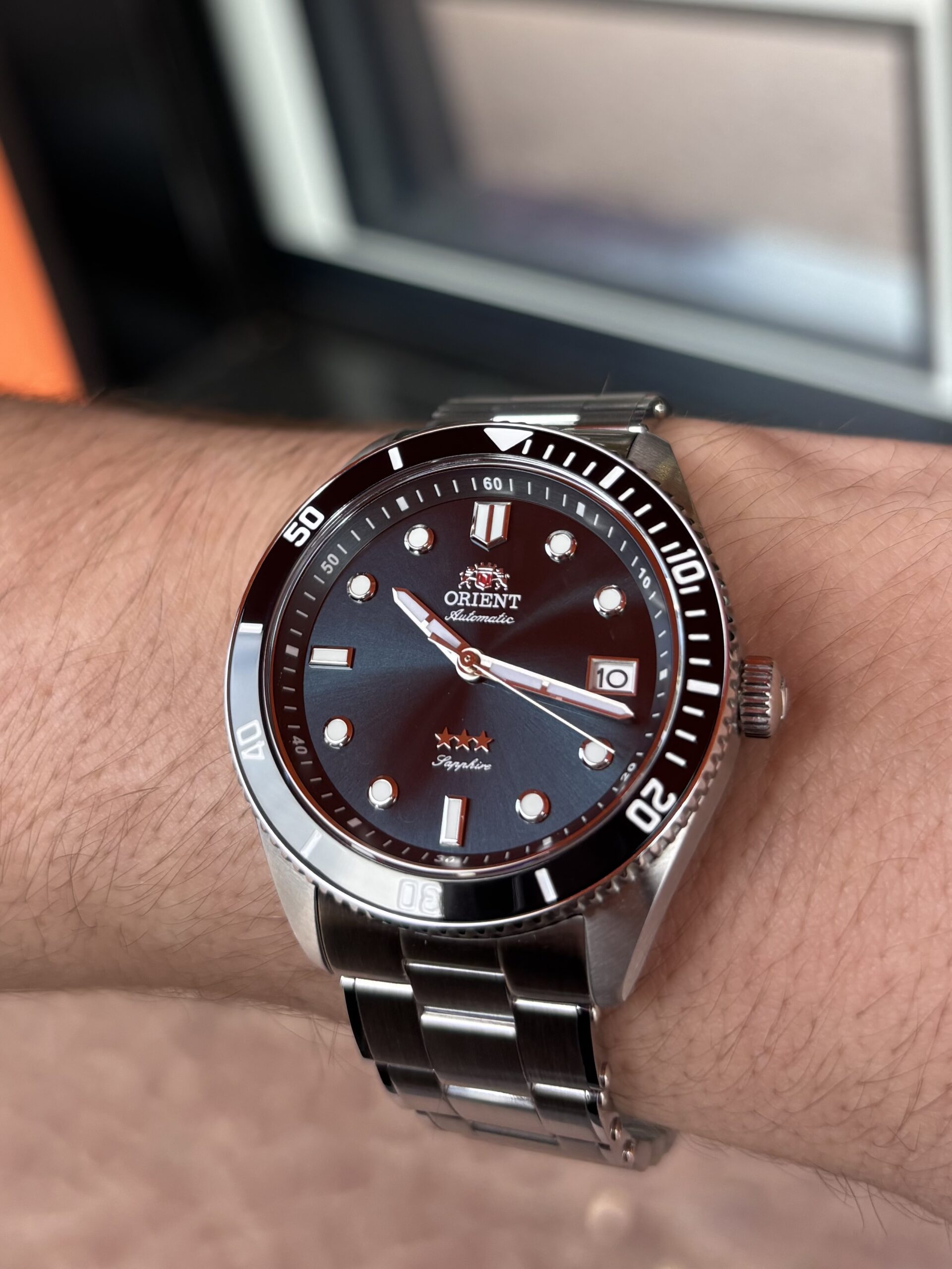 Relógio Orient Automático Sport Sea prata com fundo azul-NH3SS016 - Imagem 4