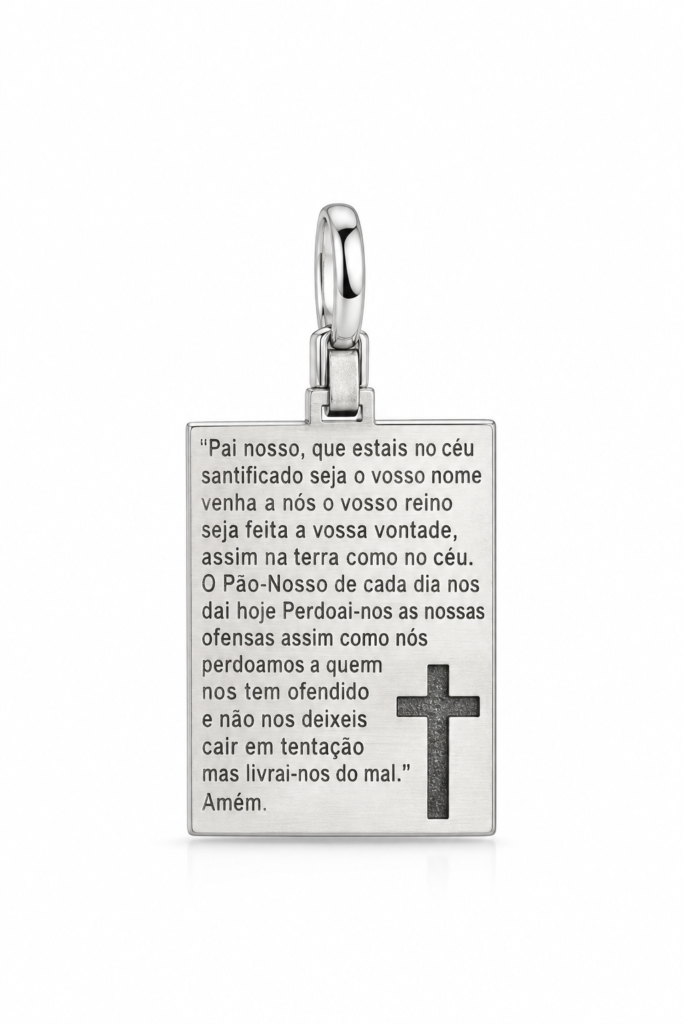 Pingente placa com oração “Pai Nosso…” com recorte a laser Prata 925k- 40716