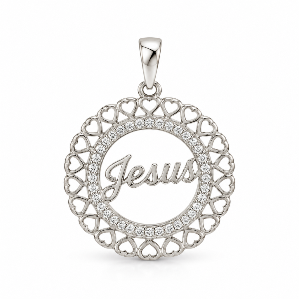 Pingente medalha de corações vazada Jesus com zircônias Prata 925k- 112369