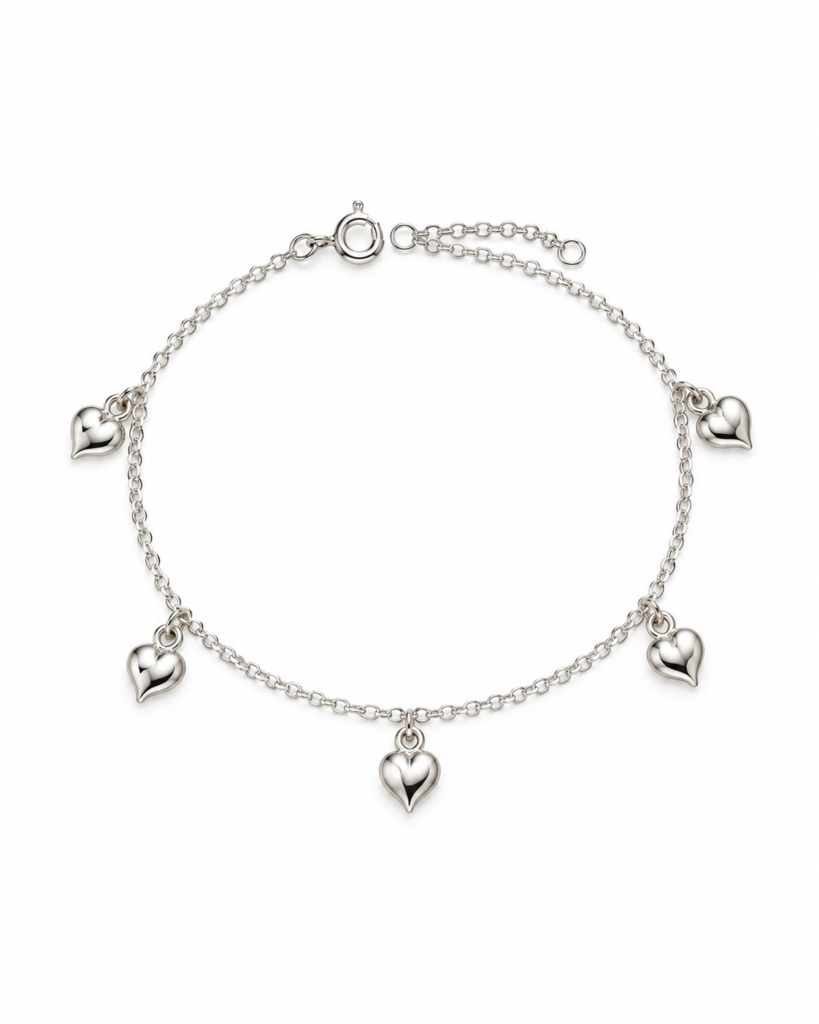 Pulseira Portuguesa com 5 pingentes de corações ocos Prata 925k- 445059