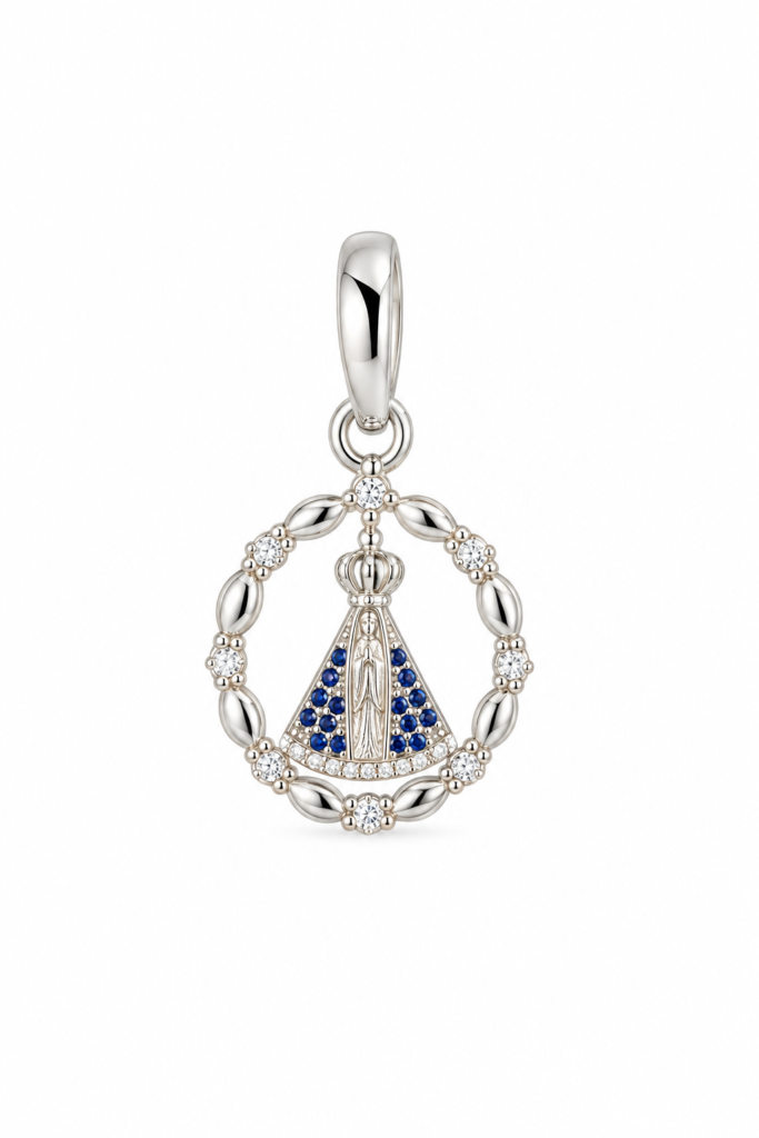 Pingente medalha vazada Nossa Senhora com zircônias coloridas- 428039