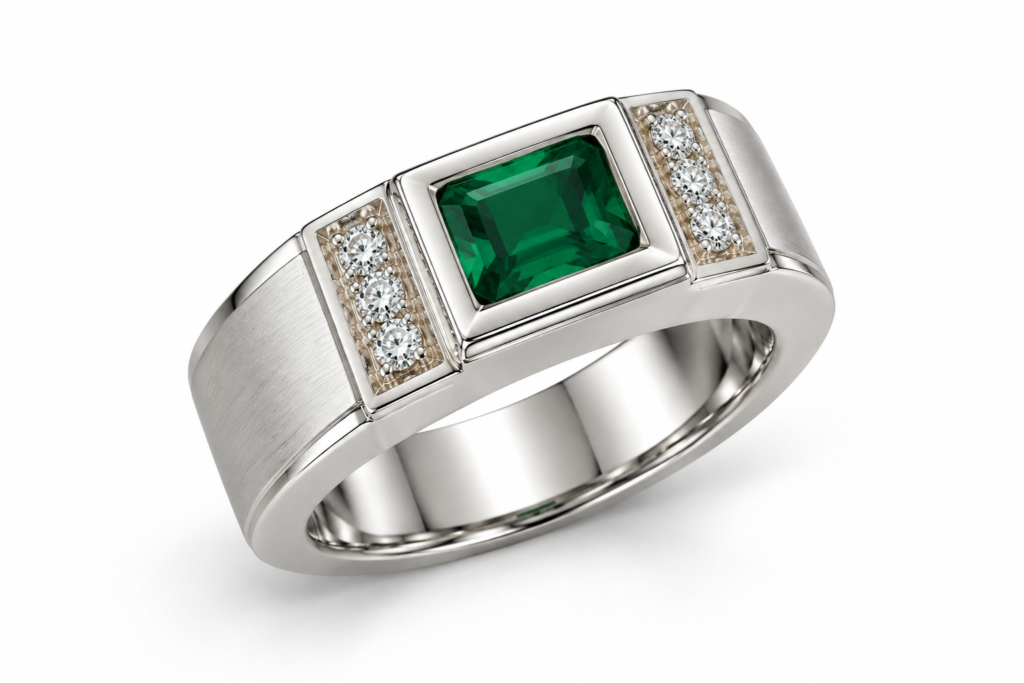 Anel Masculino retangular com pedra verde Prata 925k- 1068450