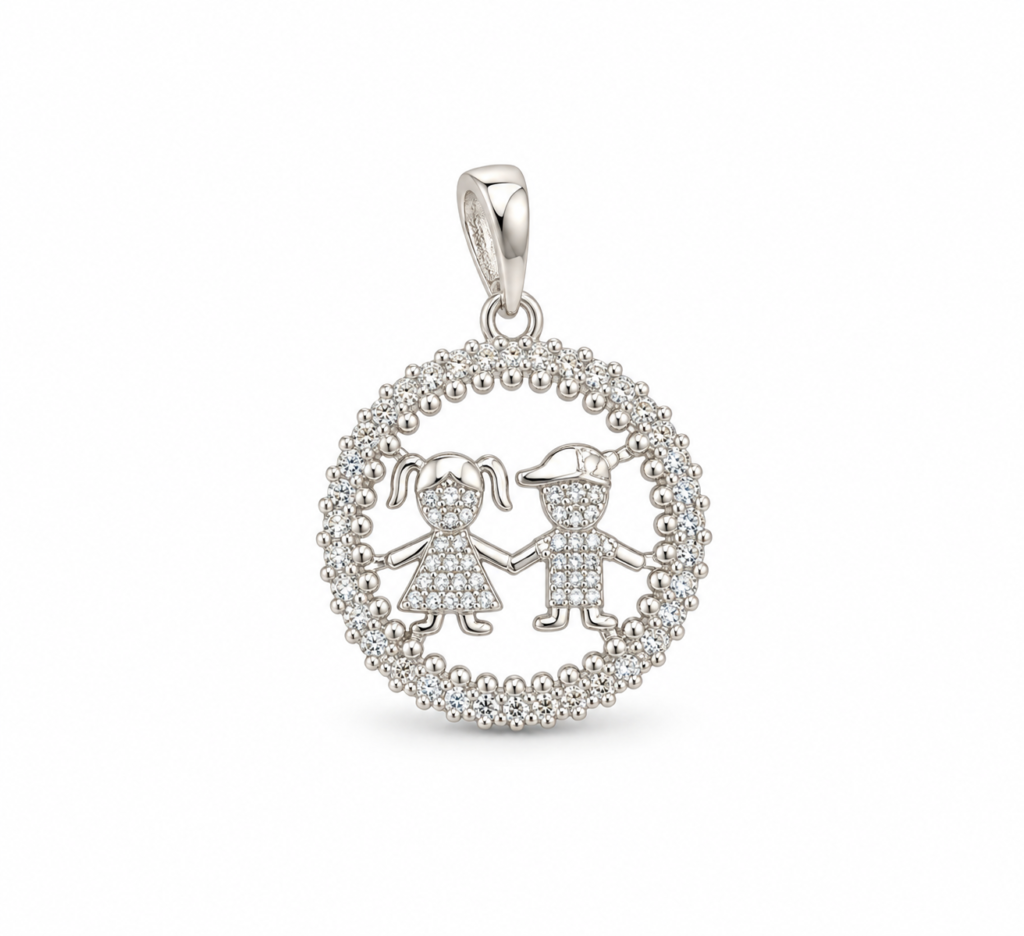Pingente Medalha com filhos cravejado de zircônias Prata 925k- 112352