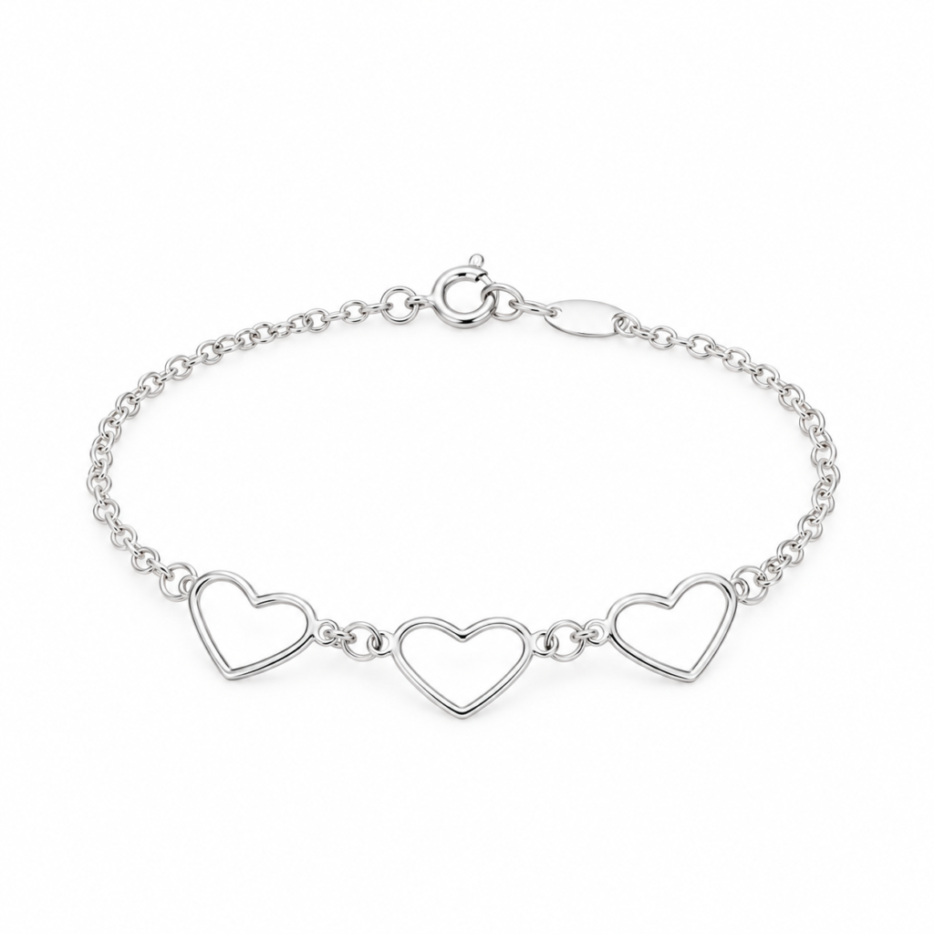 Pulseira portuguesa mini com 3 corações vazados Prata 925k- 69820100