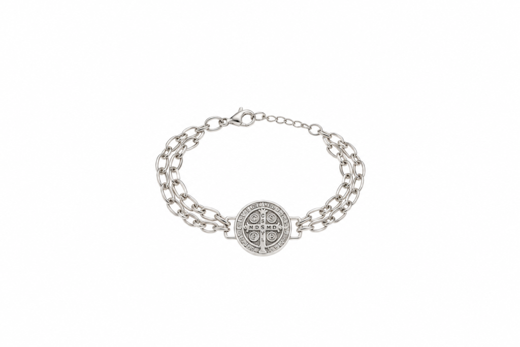 Pulseira Portuguesa dupla com medalha São Bento Prata 925k- 41390179