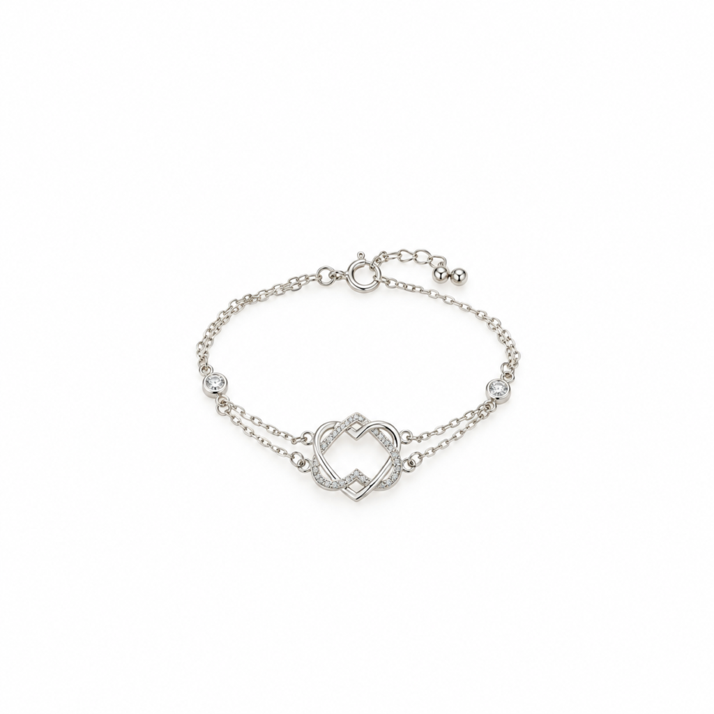 Pulseira Shambala com pingente coração duplo Prata 925k com banho de Ródio- 50955