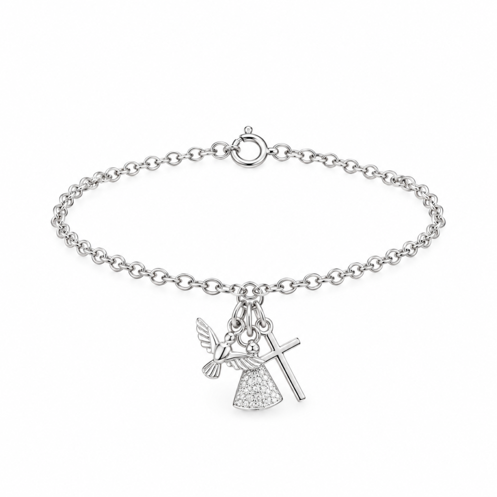 Pulseira Portuguesa com 3 pingentes religiosos Prata 925k- 459079