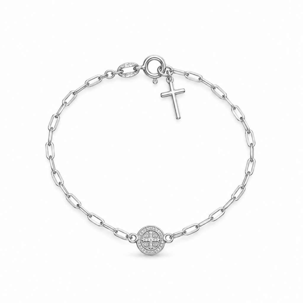 Pulseira Cartie com pingente crucifixo e medalha de São Bento Prata 925k- 4300039