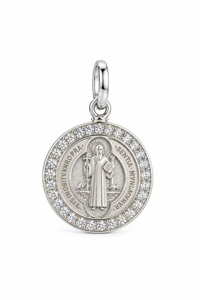 Pingente medalha São bento com zircônias Prata 925k- 96973