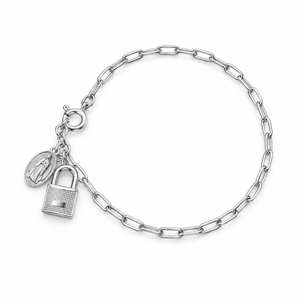 Pulseira Cartie com pingente cadeado e medalha de Nossa Senhora Prata 925k- 475099