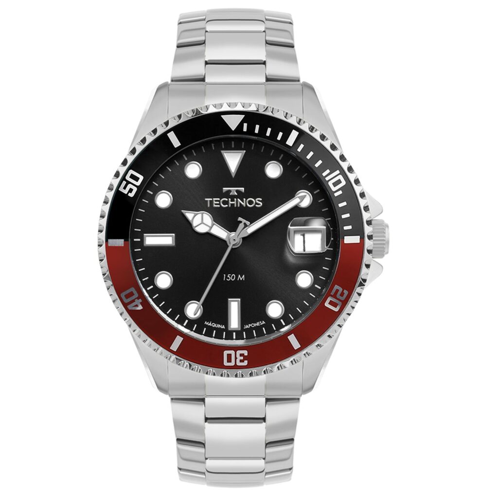 Relógio Technos Acqua Prata com mostrador vermelho e preto- 2415EF-1P